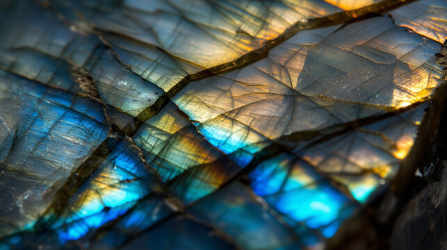 Macro closeup of labradorite gemstone crystal rock formation, color flash, background image, room for copy space