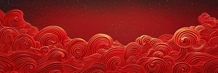 2024 new year Spring Festival background material: Waves and auspicious clouds on a Red Background. Illustration resources with large copy space.