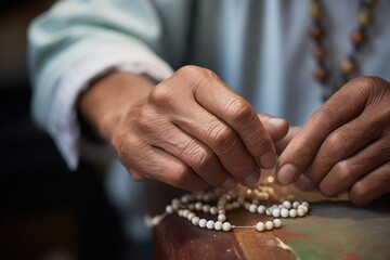 closeup of jewelers hands stringing pearls
