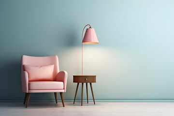 Beautiful simple armchair. Minimalistic modern style, retro elements. Blank wall in brown color