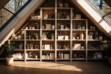 A room with shelves. The concept of storage and organizing order