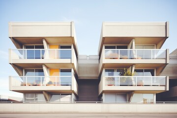 concrete apartment building with geometric glass balconies