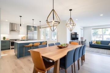 spacious dining area with an oversized, offcenter lighting fixture