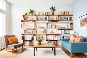 asymmetrical bookshelves filled with books in a stylish living space