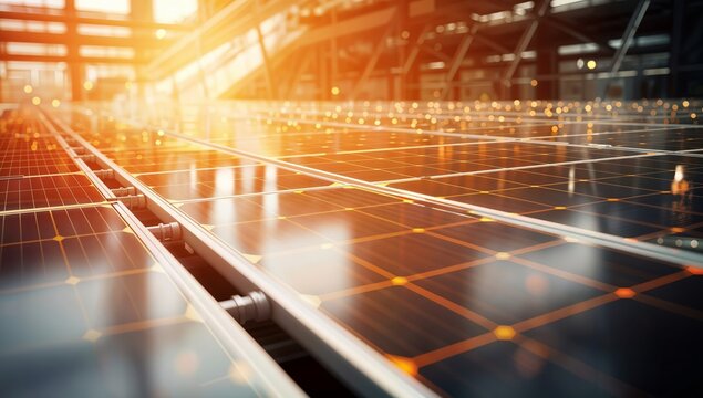 Solar panels in a production line. 3d rendering toned image double exposure
