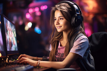 happy young white teenage girl streamer gamer esports player smiles while sitting at computer playing online games on the Internet
