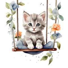 cute little cat on a swing with flowers