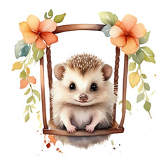 cute little baby hedgehog on a swing with flowers