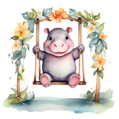 cute little baby hippo an a swing with colorful flowers