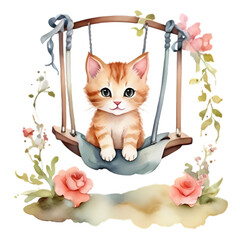 cute little cat on a swing with pink flowers