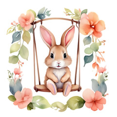 cute little bunny on a swing pink with flowers