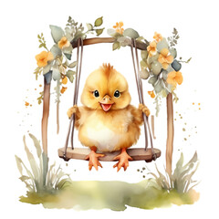cite little chicken on a swing with flowers