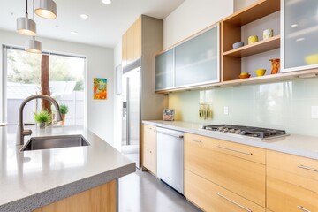 modern kitchen with glass cabinets and concrete countertops