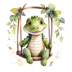 cute baby crocodile cartoon on a swing