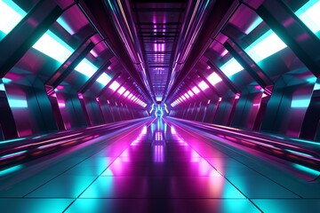 illustration of abstract background of futuristic corridor with purple and blue neon lights. Generative AI