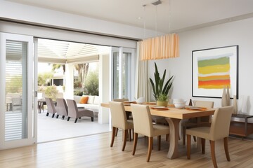 contemporary dining room with accordion doors to a veranda - obrazy, fototapety, plakaty