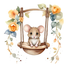 cute little mouse on a swing with colorful flowers