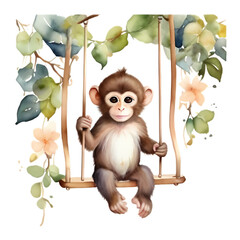 cute little baby monkey on a swing with leaves and flowers