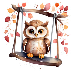 cute little owl  on a swing with leaves