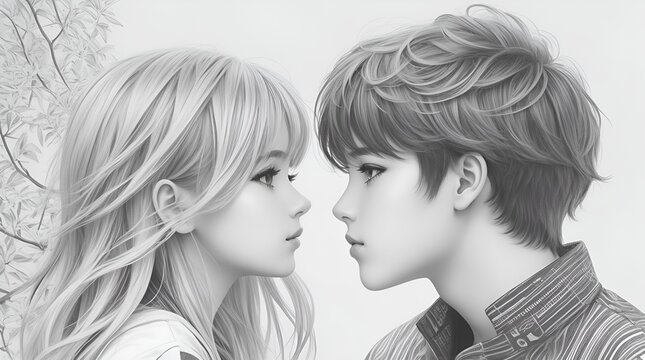 A mesmerizing black and white illustration, depicting a couple engrossed in a heartfelt gaze, radiating love and tenderness. This Valentine's Day concert artwork in line art is a true masterpiece.