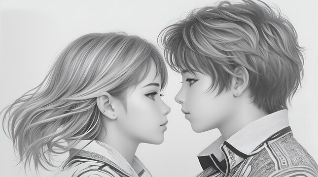 A captivating Valentine's Day concert illustration in line art, portraying a couple lost in each other's eyes. This black and white drawing beautifully conveys the magic of love and romance.