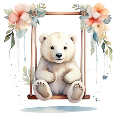 cute baby polar bearon a swing with flowers