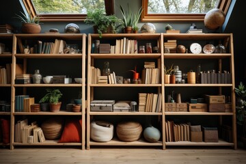 Bookshelf in the room. The concept of storage and organizing order