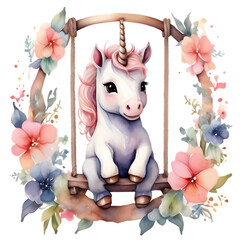 cute pink unicorn on a swing with pink flowers
