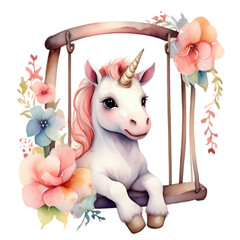 cute pink unicorn on a swing with flowers