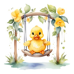 cute yellow baby duck on a swing with flowers