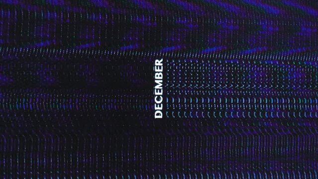 Vertical of December word in white text against dark retro VHS emulator background