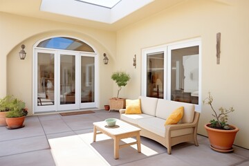 sunlit patio with stucco walls and arched openings
