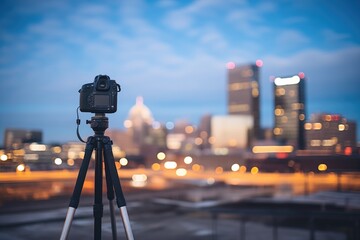 camera on tripod shooting cityscape at twilight - obrazy, fototapety, plakaty