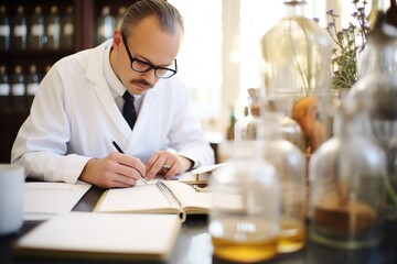 researcher writing observations in a notebook beside flasks
