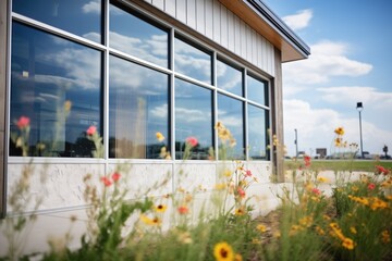 glass facade with ribbon windows, wildflowers on prairie - obrazy, fototapety, plakaty