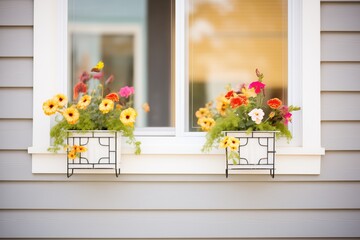 closeup of diamondpane windows with flower boxes