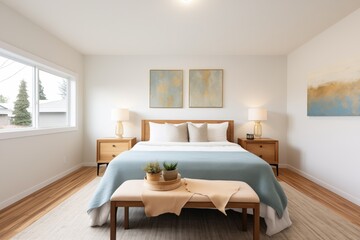 Fototapeta na wymiar raised ranch bedroom with minimalist decor