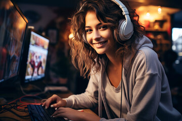 happy young girl gamer streamer with headphones streams, plays and works at computer online at home - obrazy, fototapety, plakaty