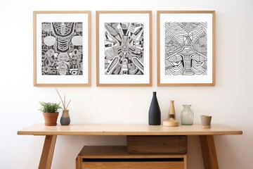 series of black and white woodcut art prints