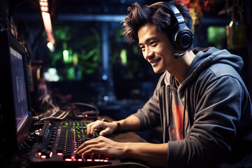 Happy young smiling Asian man teen boy gamer streamer playing online games in front of computer...