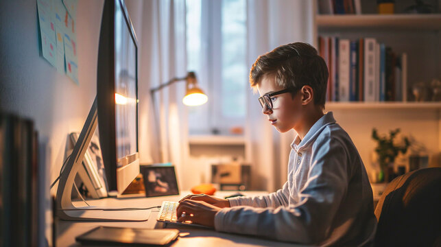 boy with glasses focuses on a computer in a cozy room. He's studying or working, with books on a shelf and a warm lamp