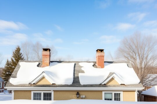 winter view of a saltbox roof with snowcovered chimneys