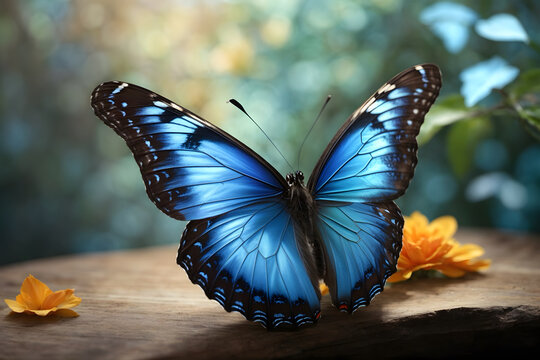 A close up of a blue morpho butterfly with an isolated background