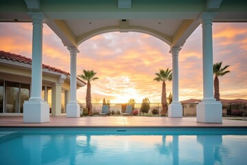 sunset over a stucco house with arches and columns