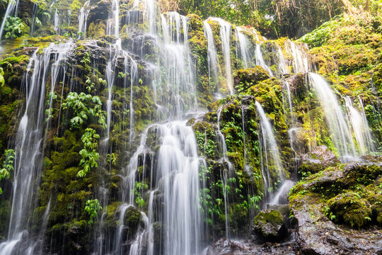 Majestic waterfall in the rainforest jungle of Indonesia. Banyu Wana Amertha Waterfall.