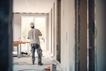 Fototapeta premium Drywall installation work in progress by construction workers at construction room. easiest and cheapest way to do partition for interior