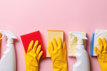 Female hands in rubber gloves holding cleaning supplies on beige yellow pink blue background