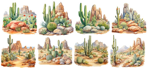 Set of watercolor cactuses in desert Sticker, Clipart, PNG, generated ai - obrazy, fototapety, plakaty