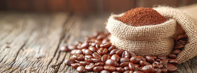 Ground Coffee and Beans on Wooden Background
