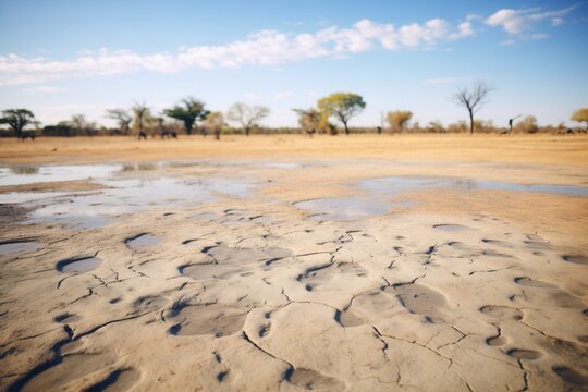 elephant footprints by a waterhole in savannah grassland
